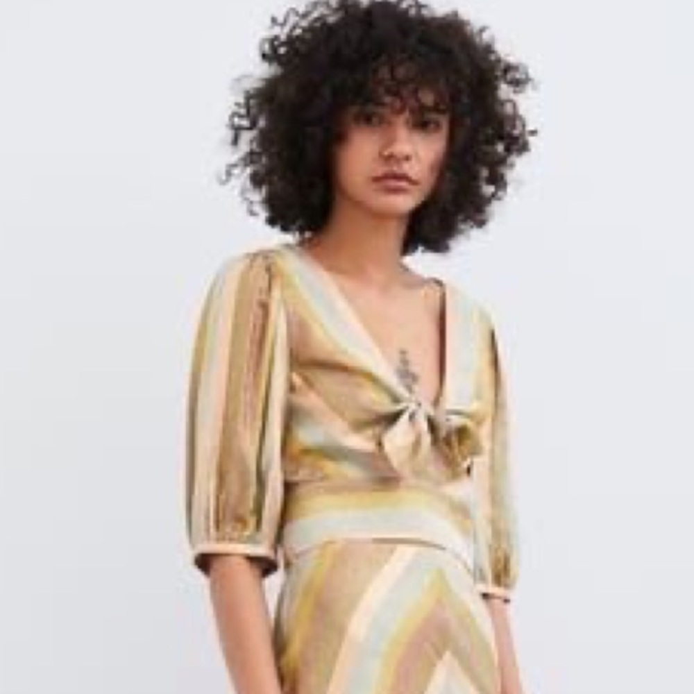 Zara metallic tie top with puff sleeves